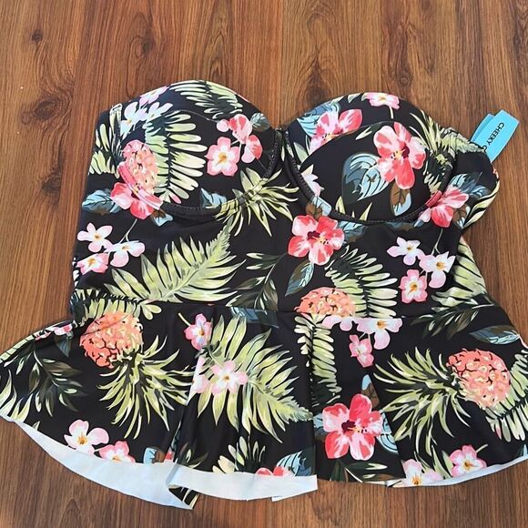 NWT Cupshe tropical pineapple print Hawaiian print swimsuit top bustier with pep - Picture 1 of 4